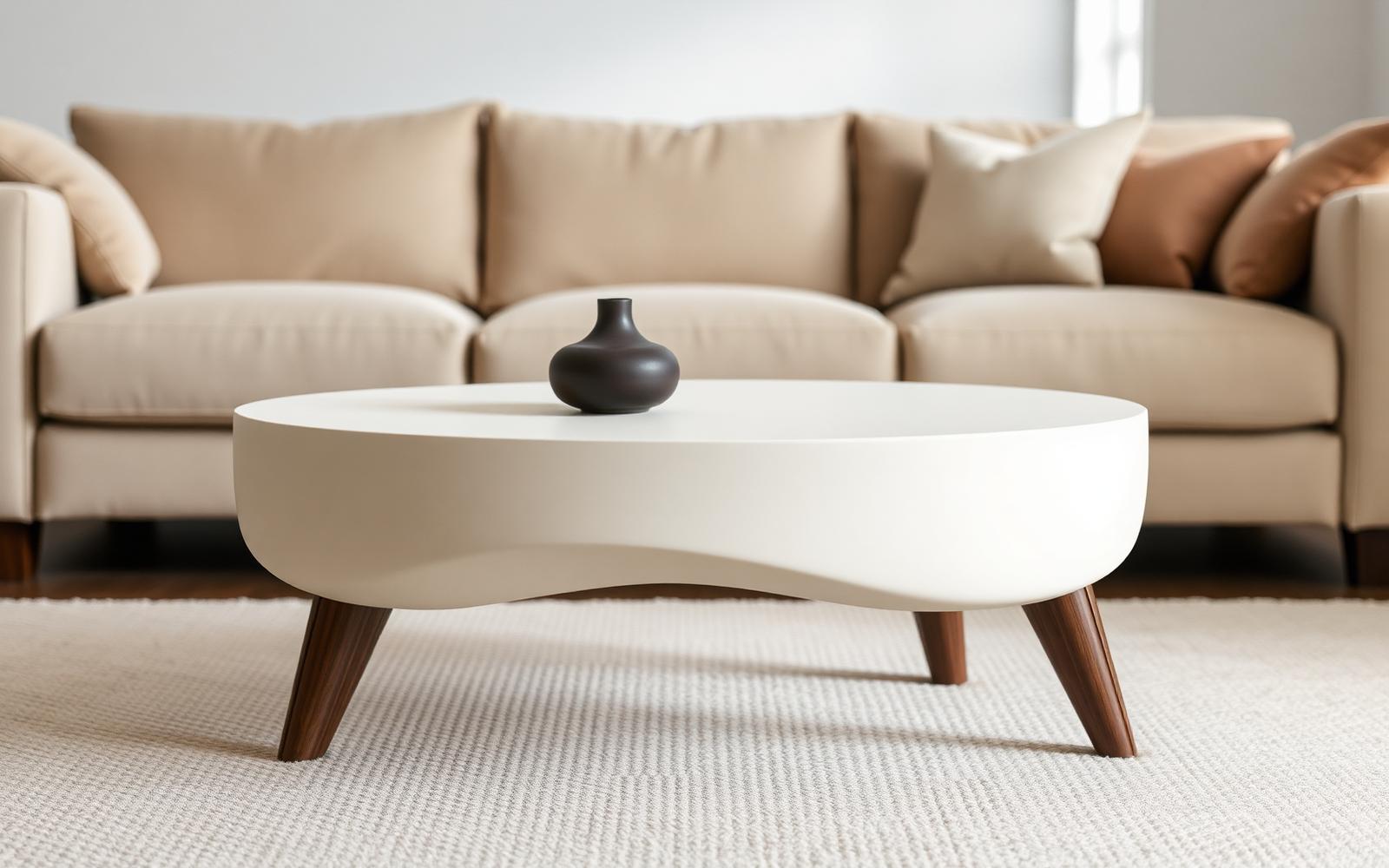 Table basse en béton ciré crème aux formes organiques, pieds cannelés en bois foncé